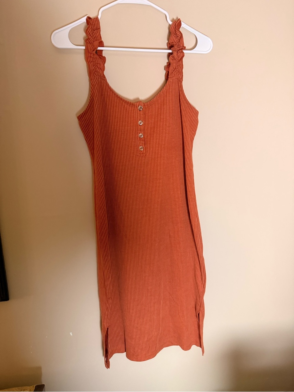Lily White Rust Ribbed Tank Dress with Ruffle Straps